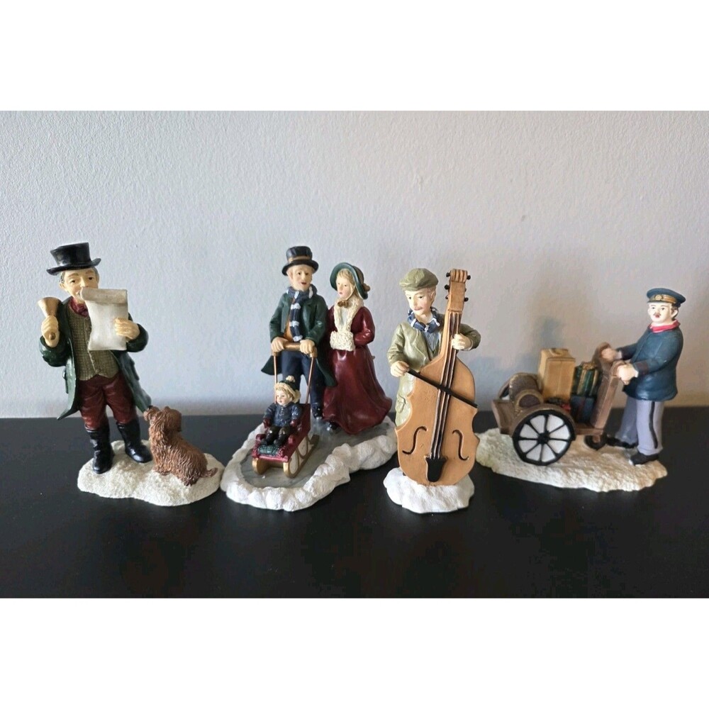Mervyn's Village Square Christmas 4 Figurines Dogs Mom Dad Bell Ringer Sled Bass